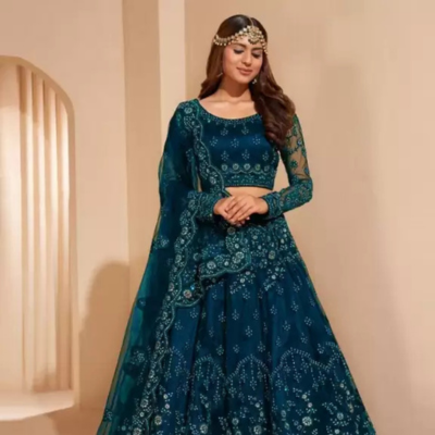 Udbhav Export Embroidered Semi Stitched Lehenga Choli (Light Blue)